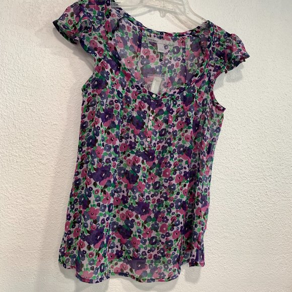 NWT Old Navy 1/4 Button Up Semi Sheer Floral Top Cap Sleeves MultiColor Size S - Picture 6 of 13